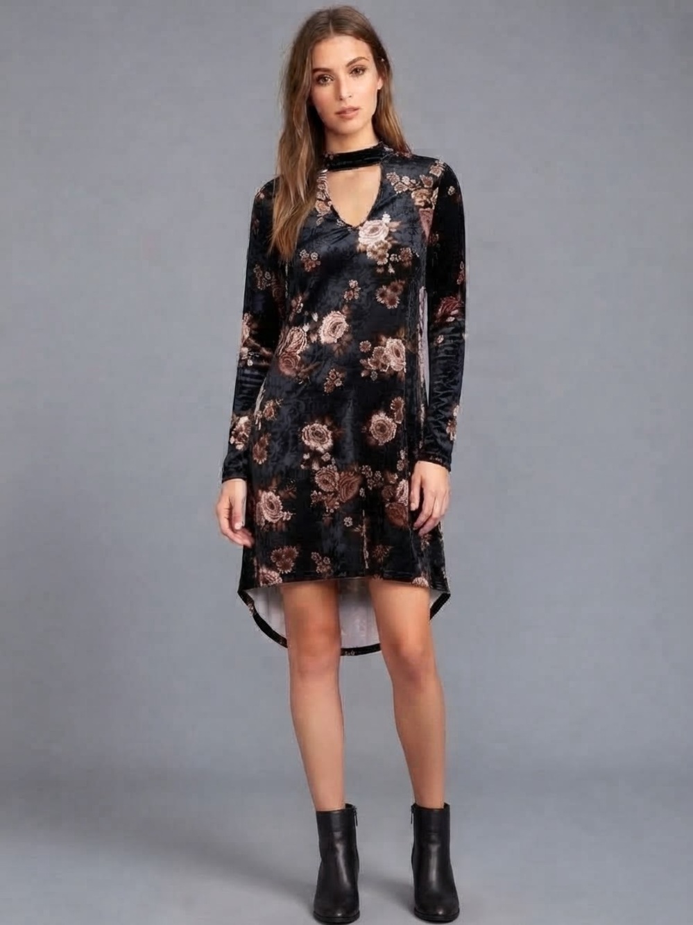 Bobeau Velvet Floral Print Long Sleeve Mock Neck Mini Dress Size S